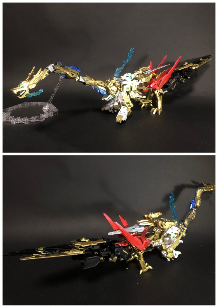 完成！聖獣王、黄龍・真！聖獣王型MB[黄龍・真]五体のストライカーパックが合体した、史上最強のMB。黄龍の真の姿でもある。空間を操作する能力に四神の持つ四属性(水、風、火、雷)も加わり、複数の属性を合わせてより強力な攻撃を放つことが可能となる。青龍の金比率が高かったのは、この形態にする際の色のバランスを取るためでした。もう少し青味があっても良かったかな…。