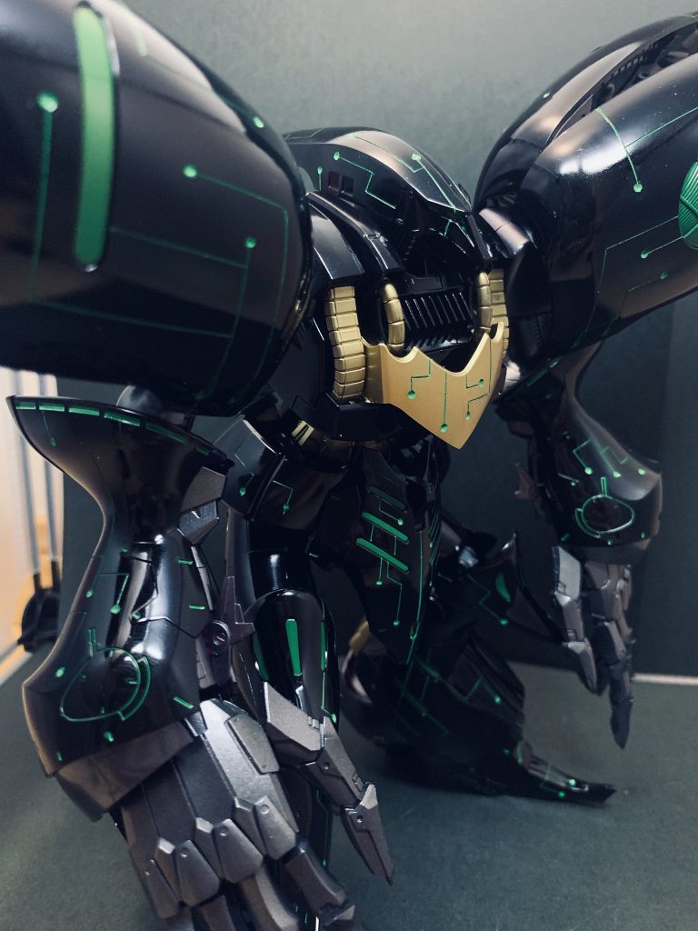 ロストテクノロジーを用いて作られたMS・・・の自己設定^_^スミ入れのカラーをグリーンにするかレッドにするか最後まで悩みましたが、グリーンにしました