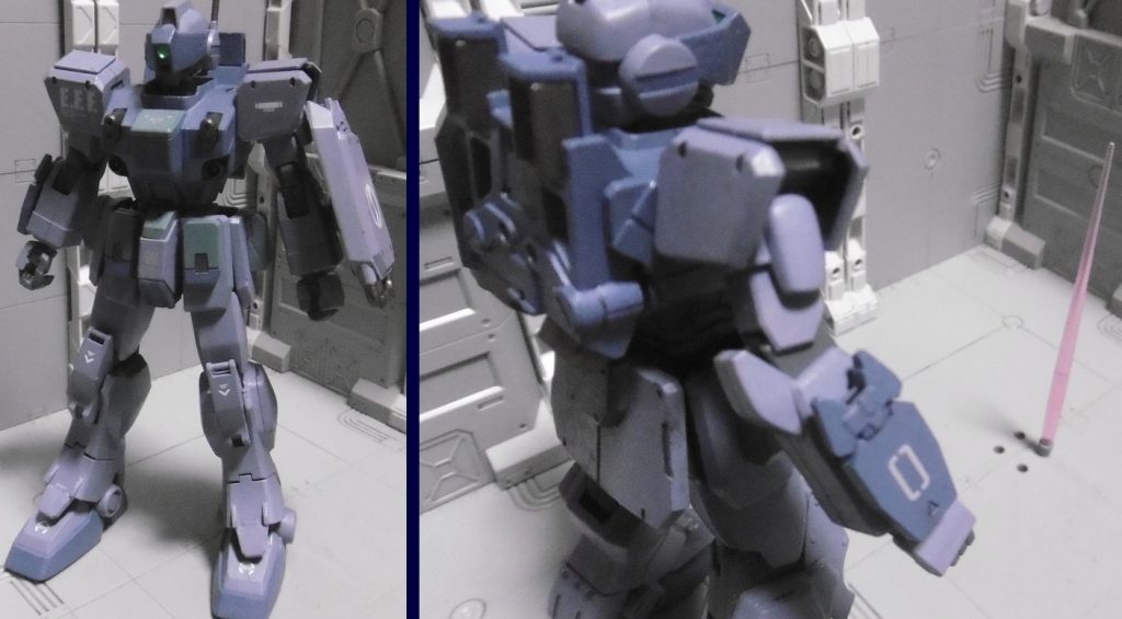 バイザーを閉じると適性が射撃から格闘に変わり、ステルスモードへ移行します。バックパックの一部も展開する事で光と熱に探知され難くなり、ジャミング機能を持ち僚機以外のレーダーに映らなくなります。バックパックの展開スラスターは２種の機能を併せ持ち、隠密行動時には排熱効率を高め、それ以外（緊急離脱時や戦闘時）には高出力化に機能切り替え。高出力化は隠密の成功率に大きく依存するため、バランス調整の観点により排熱効率化との両立は出来ません。ビームサーベルは光と熱を発生しやすいため隠密行動には向かず、攻撃だけでなく発煙筒のように投げたり囮の目的で設置式の罠にも。