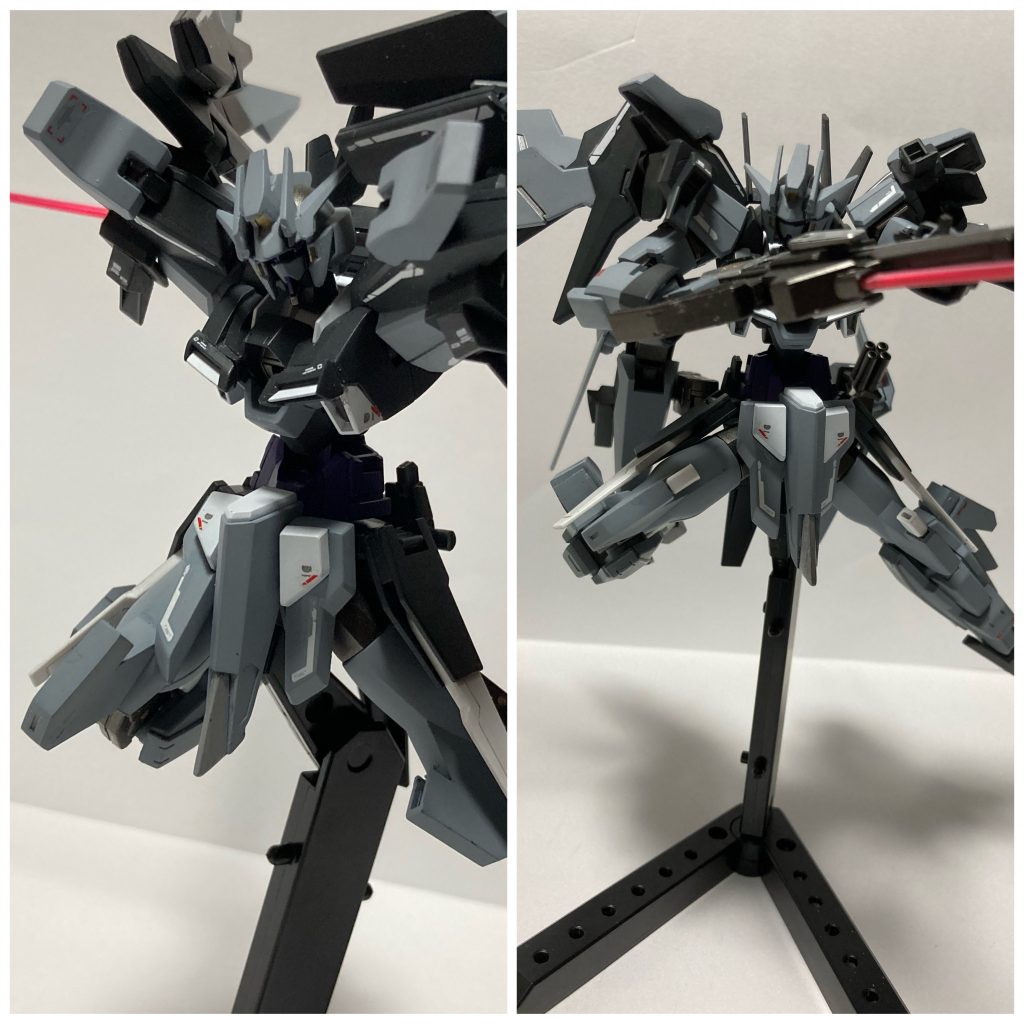 バスターソード以外の近接はビームサーベルです！腰にあったビームサーベルは撤廃され膝に装備してあります！手に持たなくても使えるのが利点ですあとは新武装のライフルです！下部にビームサーベル派生機がついているので攻めにも守りにもつかえます！