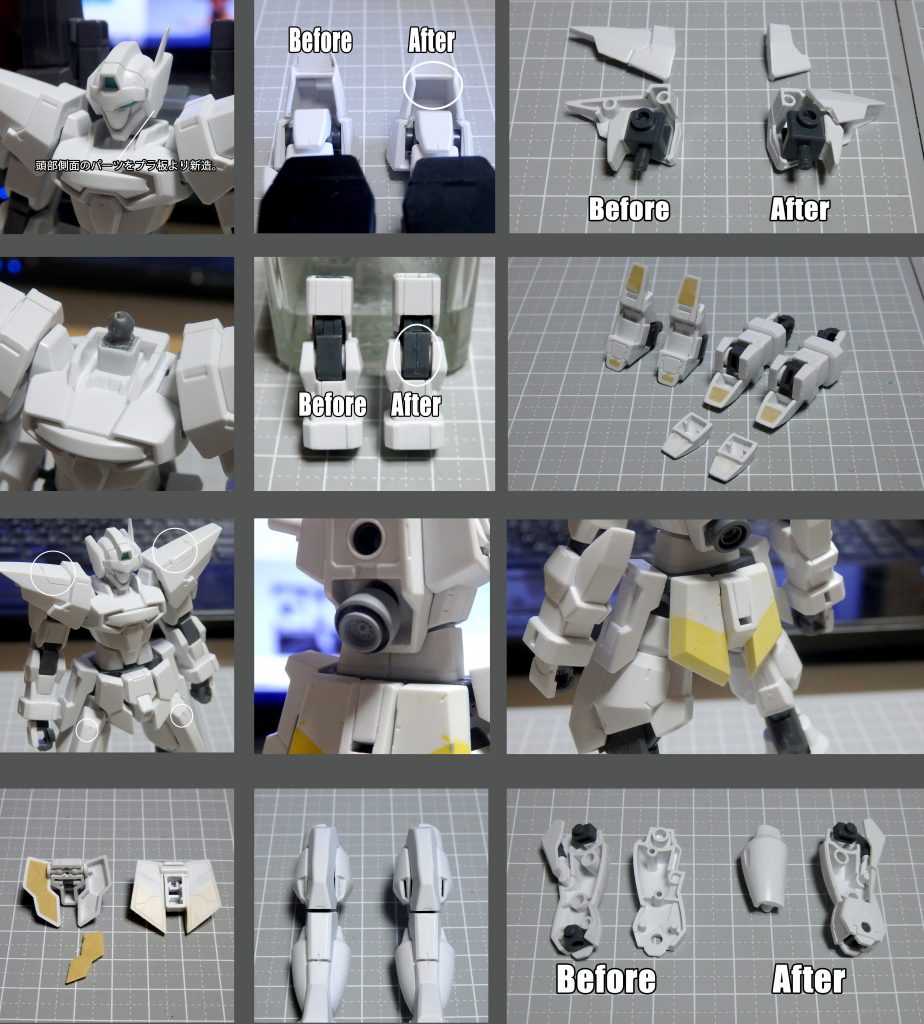 Gバウンサー本体はプロポーションの改修と後ハメ加工、ディテールアップをメインに工作を施しています。より詳しい工作箇所・内容につきましてはこちらからご覧ください。(ツイッタ―へのリンクになります)https://twitter.com/i/events/1292441635452641280						https://twitter.com/i/events/1292441635452641280				~COLORING DATA~赤=あずき色(C)+ウイノーブラック(C)少量黒=RLM70ブラックグリーン(C)白=Ex-ホワイト(G)関節グレー=メカサフヘヴィ(G)武器グレー=メカサフスーパーヘヴィ(G)メインカメラやツインアイはキット付属のシールを使用しています。