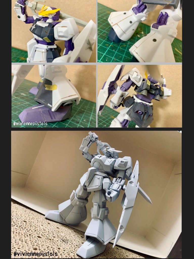 各ディテールアップ箇所とサフを吹いた状態になります。剣を持つには盾が必要だと思い、ミキシングではなく元々あるパーツを使い移動させて盾を表現しました。