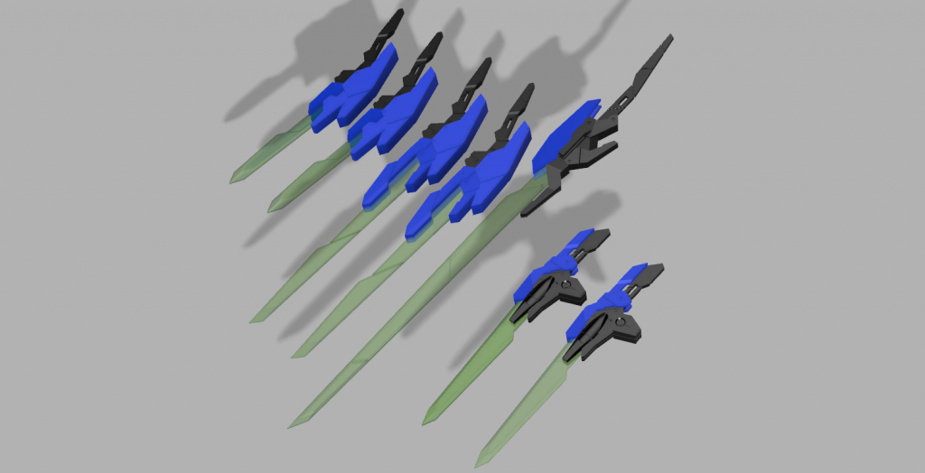 セブンソードの3Dデータ基本的に平面にスケッチしてそれを上下に押し出して厚みを持たせればいいのでモデリング自体は楽でした。RG規格で持ち手がダボになっているので、それに合わせてグリップ部に穴を開けています。