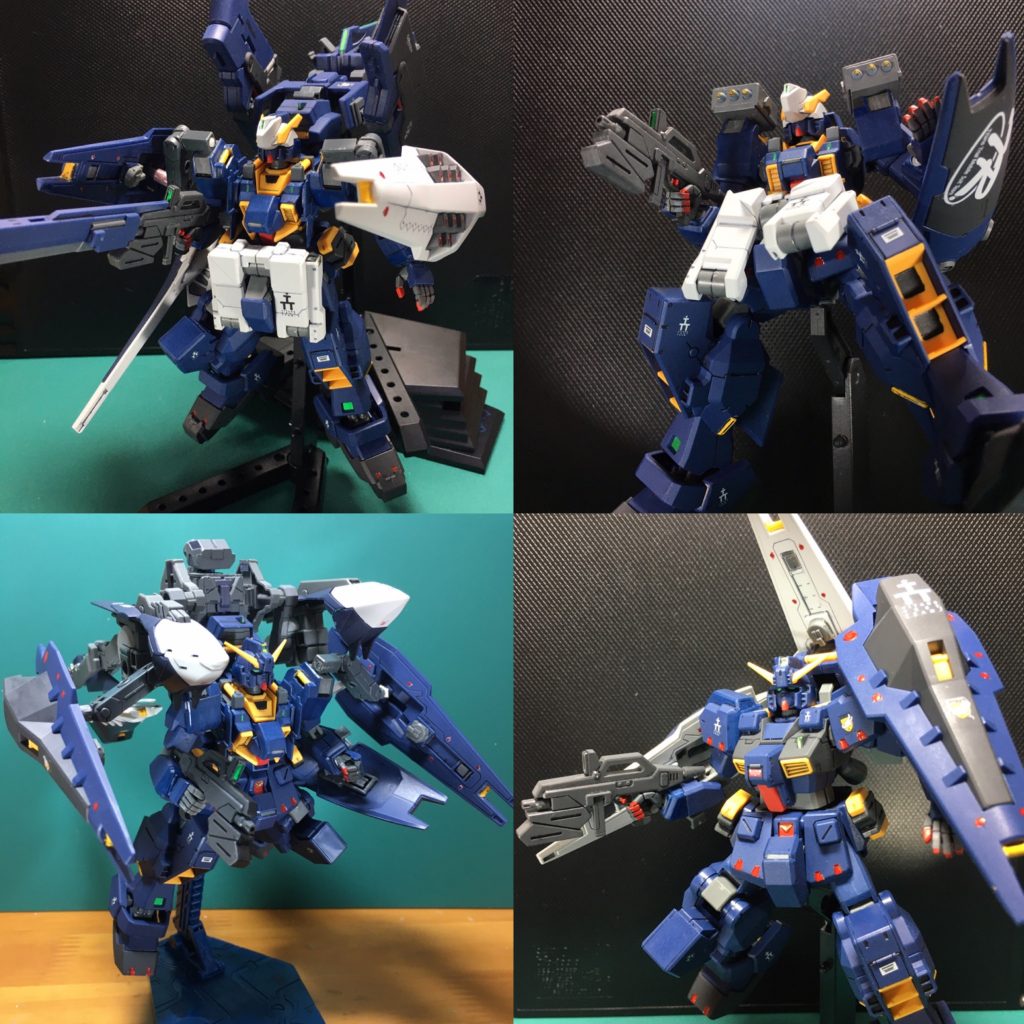 １：ガンダムTR-1[ヘイズル・アウスラ・ラー](フルアーマー形態)２：ガンダムTR-1[次世代量産試作機]３：ガンダムTR-1[ヘイズル・ラーⅡ](クアドラ・ブースター)　[フルドドⅡ]と[プリムローズ]の同時運用は高い拡張性を持ち、様々な運用案が検討された。本形態はその一環で考案された形態である。両肩と[フルドドⅡ]のサブアームにシールド・ブースター計4機を装備し、高い機動性を誇るがシールド・ブースター4機の制御にパイロットが忙殺され、戦闘もままならないほどに負担が大きかったため、本装備の運用は却下された。４：ガンダムTR-1[ヘイズル改](トライ・シールド・ブースター装備) 