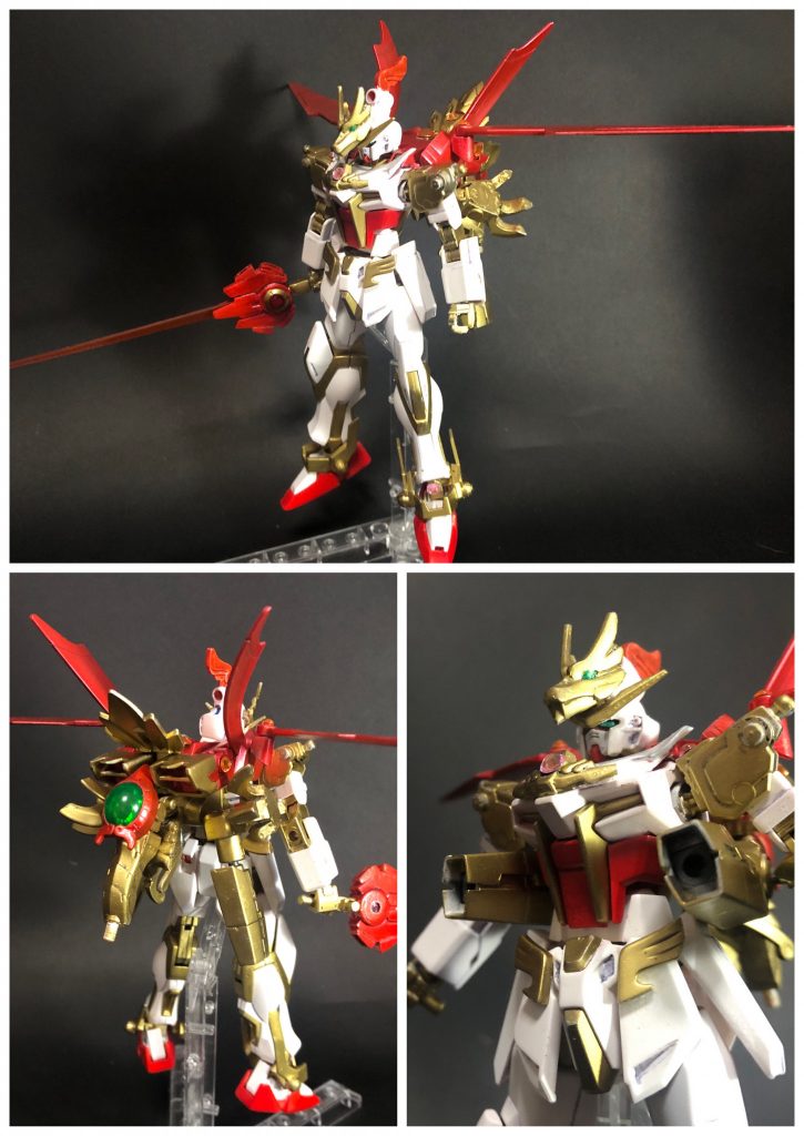 [朱雀ストライクガンダム]朱雀と合体した、空中戦と剣での戦闘に特化した形態。手持ちの武器はMB時の尾羽部分で、扇のように振ってビームウイングを射出する。接近戦時にはビームサーベルとしても機能する。MB時の脚部はビームキャノンに変形し、敵から距離を取る際に使用する。元がエールストライカーでシルエットがほとんど変わらないので、このままだと他に比べて地味ですが…