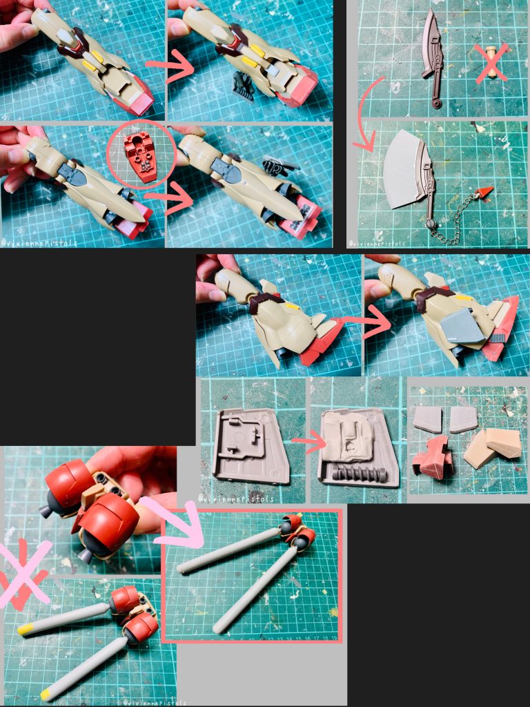 バーニアをロングタンクに変更しました。その為上半身が重くなるので、足にガン球を入れ安定するようにしました。脚にもボリュームを持たせたく、別のMSのパーツと社外パーツを使いました。上下に可動が出来るようにしています。別のMSのパーツとプラ板、ネックレスのチェーンを使い、オリジナル斧を製作しました。