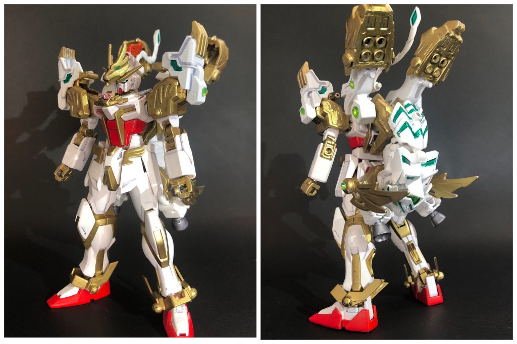 [白虎ストライクガンダム]白虎と合体した、高速移動と近接戦闘に特化した形態。手持ちの武器は無く、格闘のみで敵と戦う。ちなみにこの形態は高速移動特化型で、間合いを詰める際に使用する。また、パーツの配置を組み替えることで近接特化型となる。