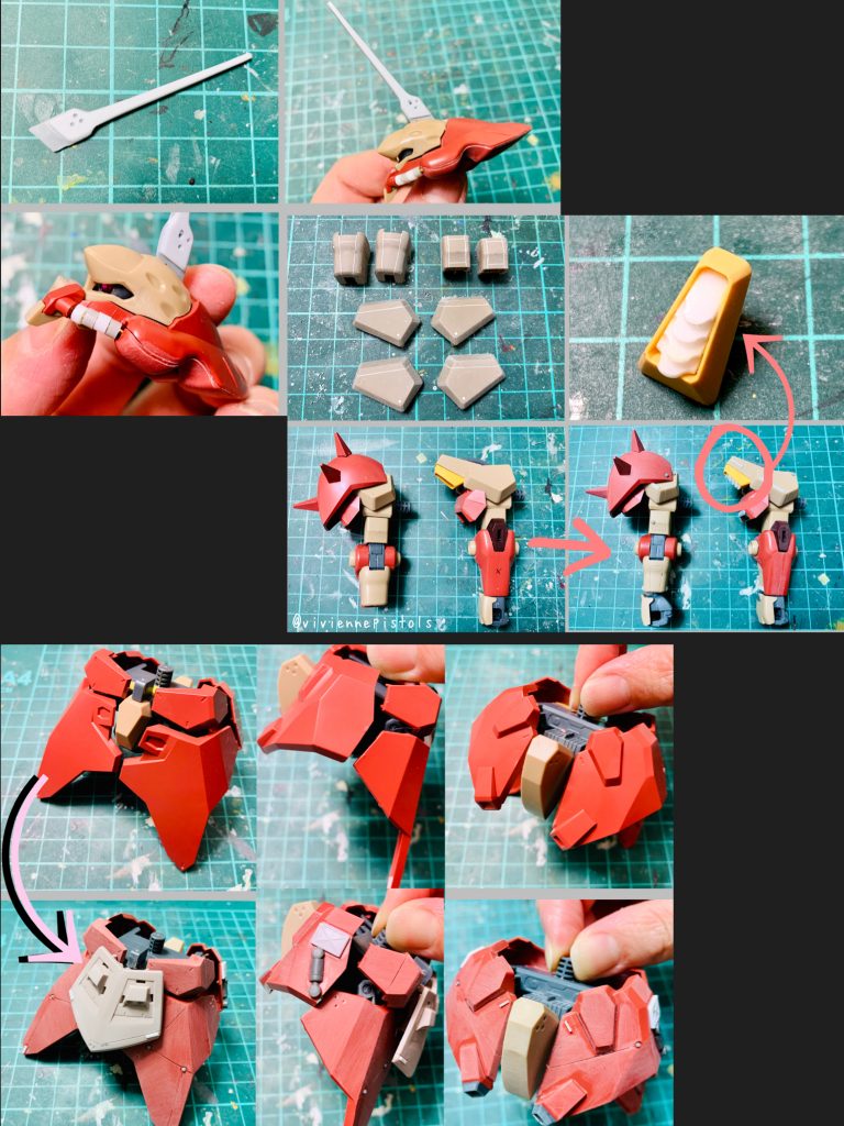 アンテナはフルスクラッチをし、モノアイはストーンシールを使用。パイプは、別プラを使用しました。肩には放熱フィンを作りました。腰のエプロン部分には、別のMSのパーツを使い変更しています。