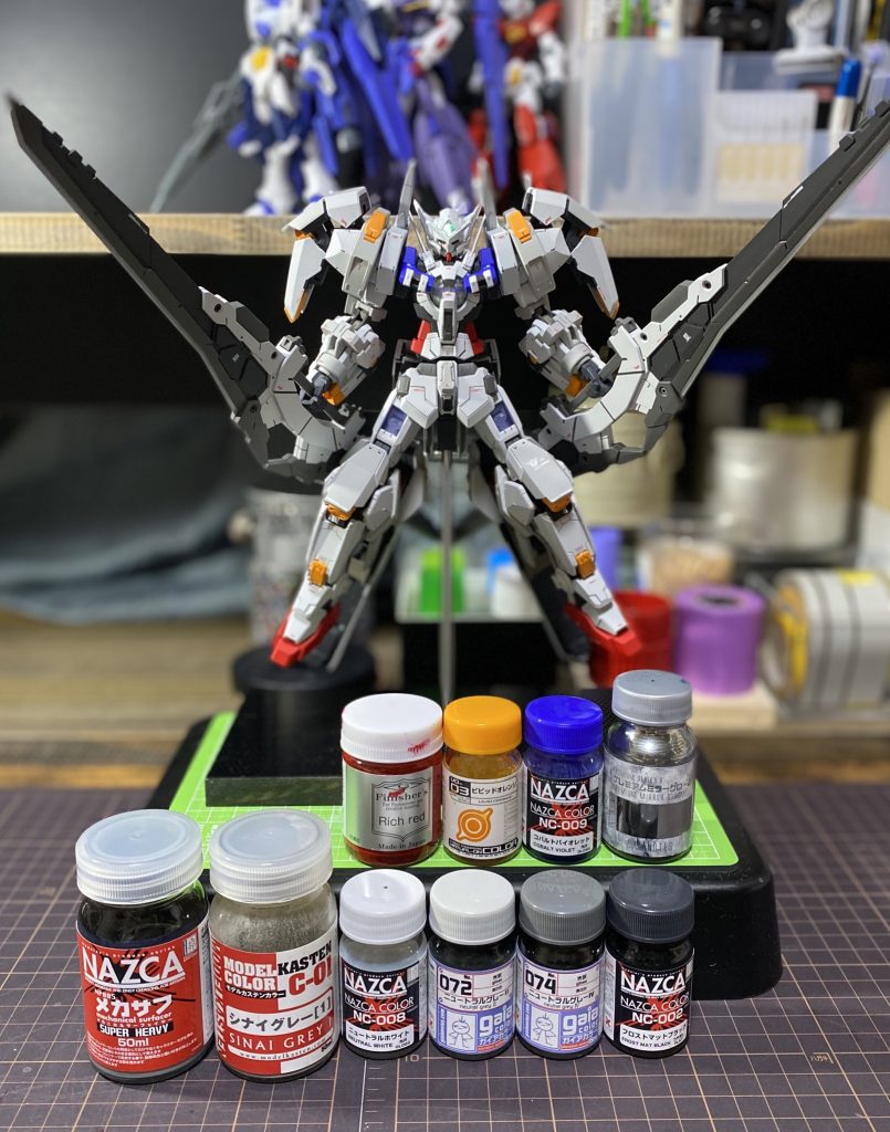 塗料です。レッドとイエローの下地はピンクサフ、ブルーはブルーサフを使用しています。メインフレームはメカサフ、一部フレームに気になっていたモデルカステンのシナイグレーを使用しました!気に入ったので今後も使用していきます( ੭˙꒳ ˙)੭ご覧いただきありがとうございました( •̀ᴗ•́ )/