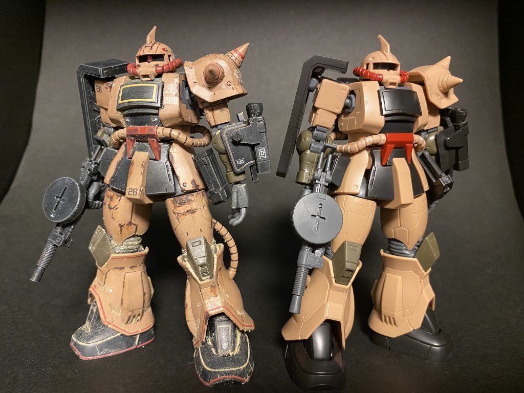 パチ組との比較キットでは赤と黒等配色が結構くっきりしています。各種ウェザリングによってポーズがなくとも表情豊かに、かつキットより落ち着いたコントラスト差にできた事が気に入ってます(≧∀≦)以下製作記録です。元の出来が非常に良いので、表面処理以外はポイントを絞って作り込んでいます。頭部はアンテナをシャープ化、モノアイを市販パーツに置き換え。モノアイレール周りは黒色無双で眼だけ浮かび上がる様にしました。肩のスパイクをシャープ化。マシンガンのマガジン裏を穴埋め。以上、これだけ!