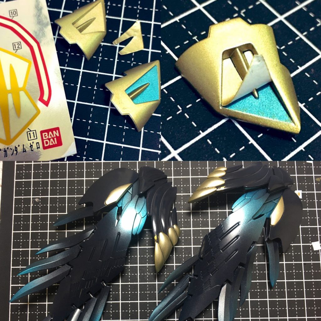 カラーリングはバンシィに寄せたカラーリングを目指して黒5色(写真では確認出来なかった)ターコイズブルー、ゴールドで表現。マスキング作業軽減の為に、各所付属のシールを利用。