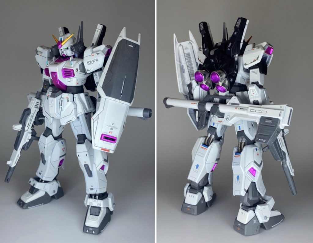 最後に改めて前、そして後ろから!”アクシズ”仕様であること、そしてあくまでオリジナルであることを意識して、キュベレイのカラーリングをベースにどこか気品のある、それでいて派手すぎない色味を目指しました。雑なところがやや目立ちますが、自分なりに楽しく作れたのでよかったです😄