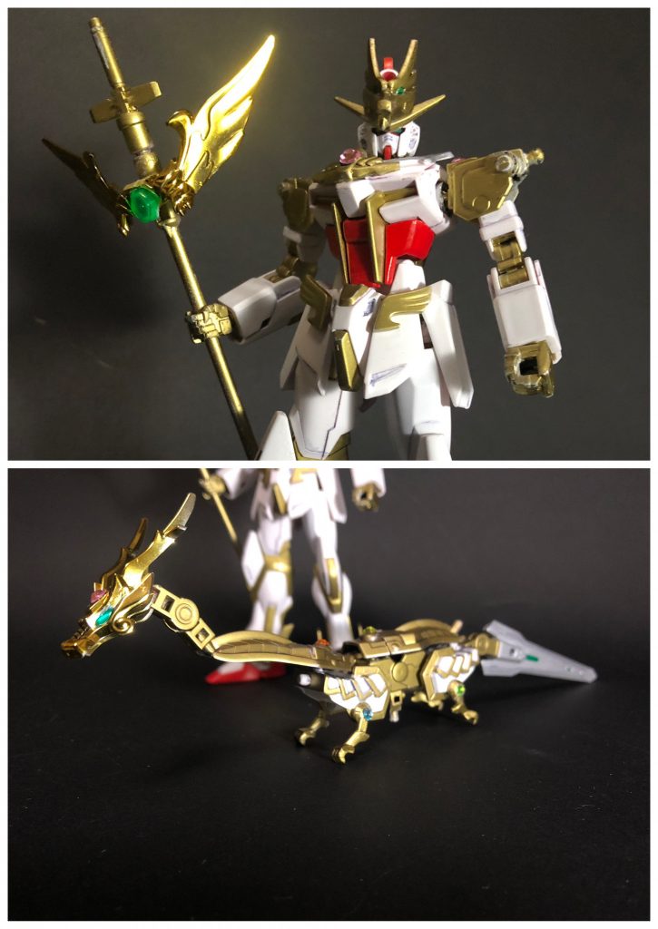 [カイザーストライクガンダム]ストライクガンダムの改修機。改修には二つの大きな特徴があり、その一つは、専用のストライカーパックを莫大なエネルギーで運用するため、エネルギー出力を限界まで向上させている点。もう一つは、『空間属性』(空間を操る特殊な能力)を持った本機のパイロットに合わせて、空間認識能力の強化がなされている点である。武器は王笏のみで、これは空間属性の術を使用する際の補助的なものでしかなく、攻撃力はゼロに等しい。［黄龍］カイザー専用のストライカーパック。前述の空間認識能力の強化用ユニット。黄龍のサポートにより、カイザーは空間属性の様々な術を使うことができるようになる。例えば、・召喚門(ゲート)→別空間にいるストライカーパックを、こちら側の空間に呼び寄せる術。(トンネルを作り空間同士を繋げるようなイメージ)・瞬間移動(ワープ)→マーキングしたもの(MSでも可能)を目印にゲートを開き、自身を移動させたり物体を送り込んだりする術。マーキングは直接触れる必要はあるが、近接戦闘を行いながらでもマーキングが可能であり、敵にすると厄介な相手となるだろう。その他、空間を捻じ曲げたり、空間自体を切り裂く、というような術もあり、これまで四神が持っていた元素属性(火や水)とは性質が大きく異なる。