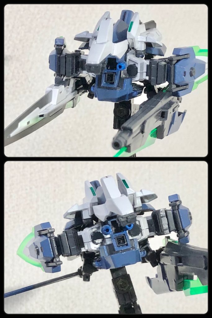 下部のウイングパーツの向きを差し替えて３ミリ穴の向きを変えれば武装を懸架できます。 