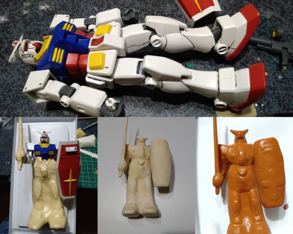 ガンプラぽくはないですが中にちゃんと入ってます。パテで全身を覆いつつもガンダムらしさを無くさないように色々考えながら成形しました。写真を取り忘れてますが土の質感を出すために鋳造表現を活用してます。塗装後画像等を参考にハニワをイメージしてウェザリングを行いました。