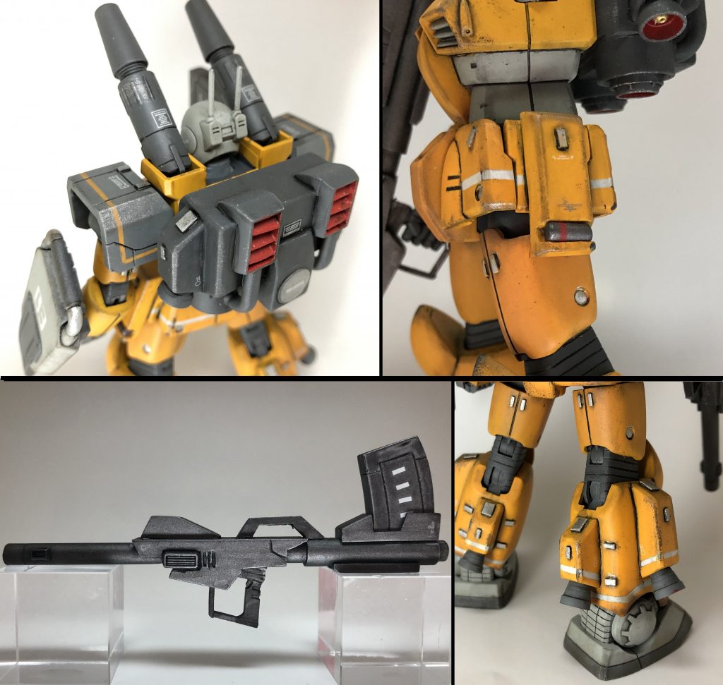 肩アーマー・バックパック・サイドアーマーのハンドグレネード・バルザック式ロケットバズーカ・各スラスターはプラ板プラ棒レジンにて再現。シールドは陸戦型ジム(リヴァイブ)の物を使用。