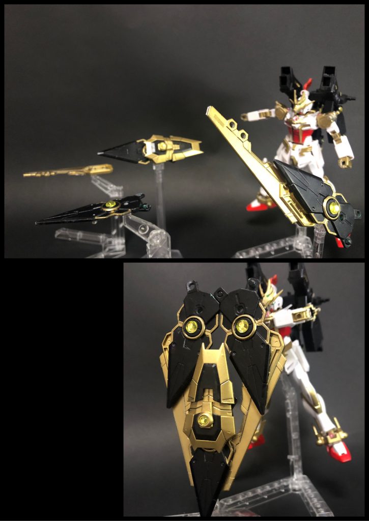 シールドビットの組み合わせ例。上の写真右の様に剣っぽく見立てたり、下の写真の様に巨大な盾の形に組み合わせたり。この他にもいろいろできます。