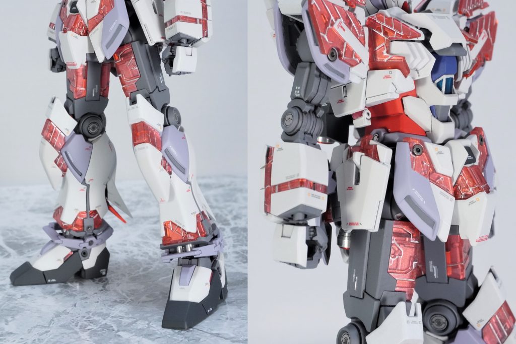 サイコフレームは内側からパール塗料＋蛍光塗料→シルバー→フレーム色で塗装　クリアパーツを生かして結晶体のようですが光を拾うとしっかり輝きます