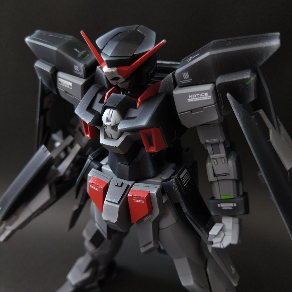 上半身頭と胸のハイライトが目立ちますね。妄想上、宇宙空間で激しく摩耗しそうな部位には、強めにホワイトやシルバーが置いてあります。ちなみに、胸と額のドクロマークにはワザと傷を付けてます。反骨心の表れですw