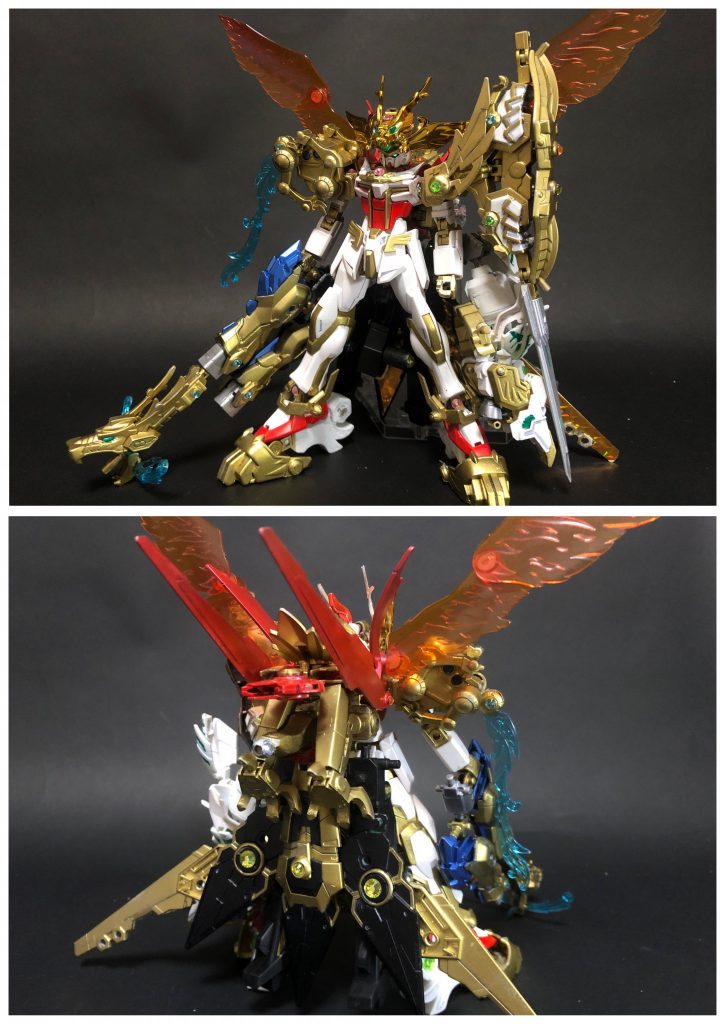 [聖獣王カイザーストライクガンダム]全てのストライカーパックの力を引き出せる最強の形態。青龍の銃、白虎の爪、朱雀の剣、玄武の盾を状況に応じて使い分ける。また、上記の4つはビットとしても使用可能で、重装備になった本体から離れ、負担を軽減する。AIでの属性攻撃なら黄龍・真、直接操作しての攻撃なら聖獣王、といった使い分けをする。全部盛りのストライク＝パーフェクトストライクを目指して全合体しましたが…少々盛りすぎた感が。まあ王様ですし、これくらい派手なほうがそれっぽいかな…。そして、全合体は男の子のロマンですよね？そんなロマンを詰め込んだ結果、腕の負荷がヤバいことにw