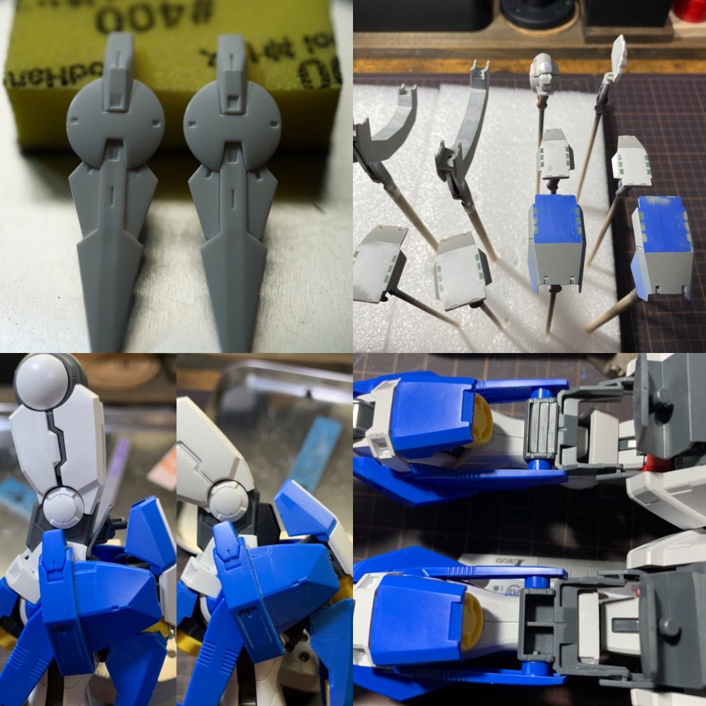 工作です。全体的にモールドの掘り直し等をしました。装甲には穴が空いたモールドがデザインされていましたが、メタルビルドに合わせてパテで埋めました。頭部の合わせ目消し、フロントアーマーの肉抜き埋めもしています。脚部フレームで一部使用しないピンが丸見えだったので切り落としジャンクパーツで調整しました。一部肉抜き部分にはジャンクパーツを使用しスラスターっぽく加工しています。