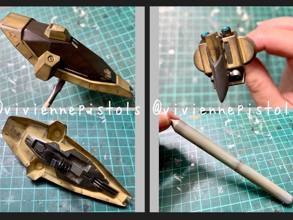 焼鉄色でチッピング→リアルタッチマーカーのグレーでウォッシング→リアルタッチマーカーの茶色でウォッシング→焼鉄色でチッピング→ウェザリングマスターのオイルでウェザリングをしました。