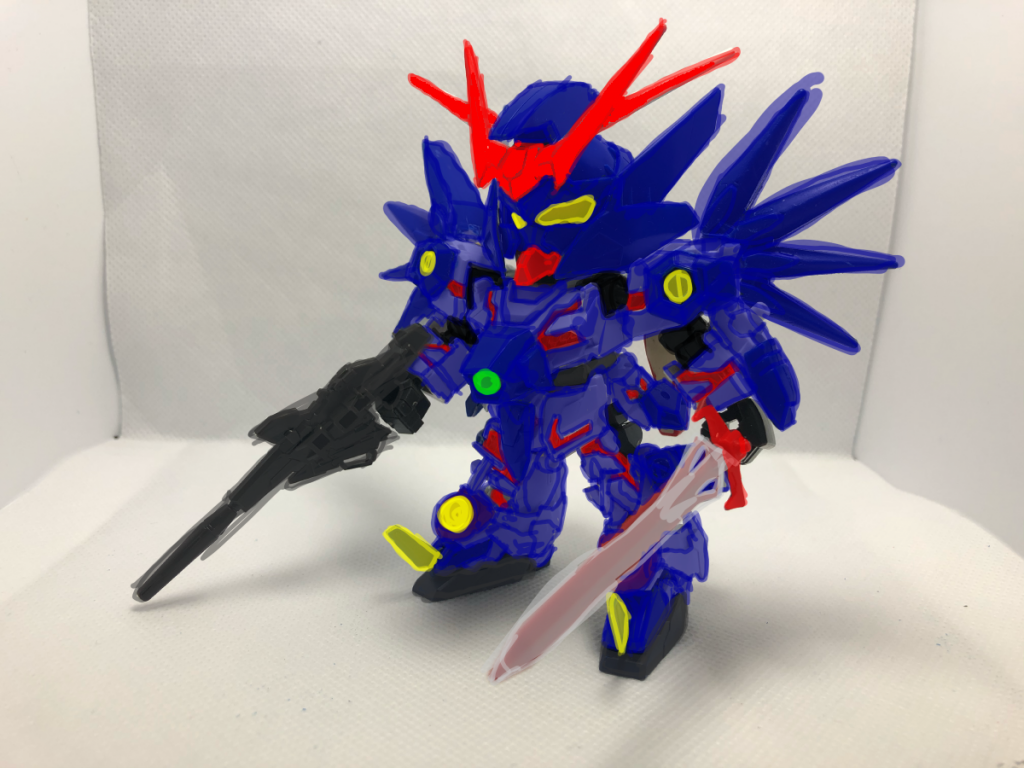 ibisPaintで当時作った塗装の仮案ちなみに本案ではクレオスのコバルトブルーとメタリックブルーを使用。つま先にはメタルブラック。フルサイコフレーム部分はメタリックレッドで塗装した上でガンダムマーカーでさらに上から色を塗った。