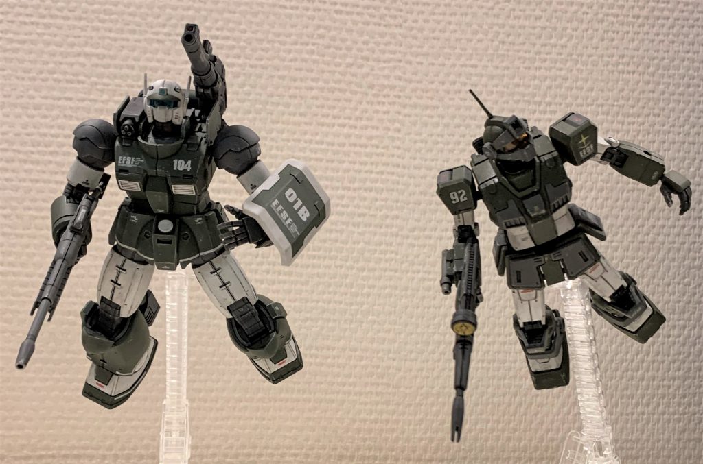 近代化改修され、(オラ設定上では)戦争終盤のハイエンド機とも肩を並べるまでになったガンキャノン最初期型くん。我が家の連邦MS達と一緒に並べて記念撮影です。