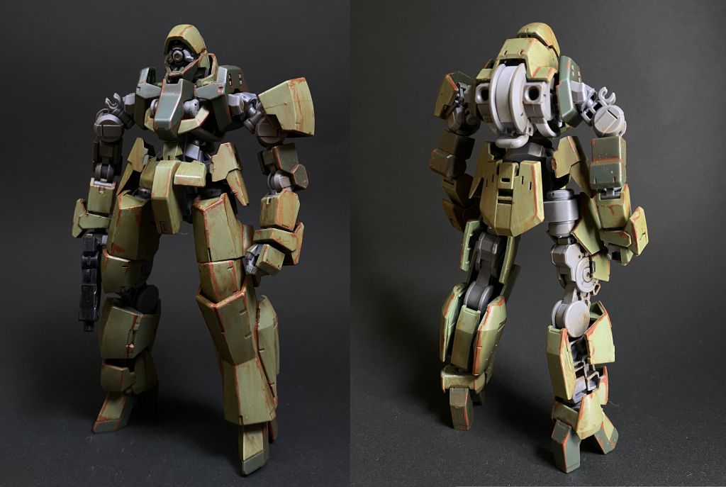前と後ろはじめてウェザリングに挑戦しましたパチ組して放置してたのでゲート処理跡をごまかす為に錆びさせましたグレイズのフレームがなで肩になって人っぽいシルエットになるのでスチームパンクSFをイメージし、HGグレイズにMGのグレイズを使っています