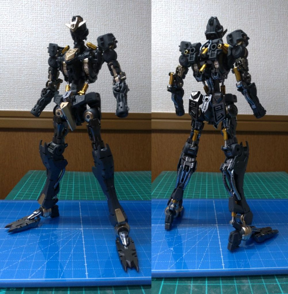 外装を組んだら見えないので、フレームの塗装完了状態で撮影。フレームの密度が濃いと、メタリック塗料を何色かで適当に塗り分けるだけで十分に映えると思います。