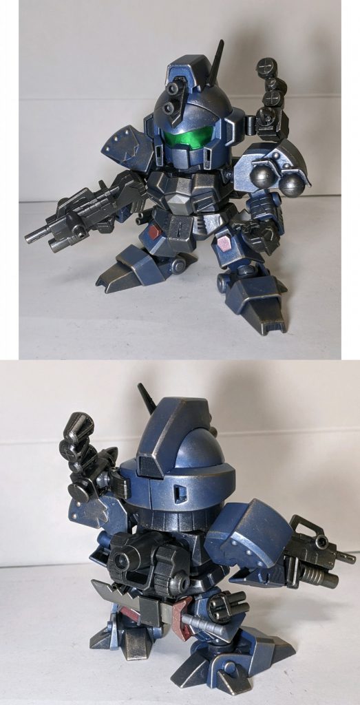 コマンドガンダムをベースに頭部をジム頭に換装し、カラーリングを基本的に青系色で塗装した作品です。特に頭部以外はこれといって改造はしてません。（フロントアーマーの中央のパーツが付いてないのは仕様です。