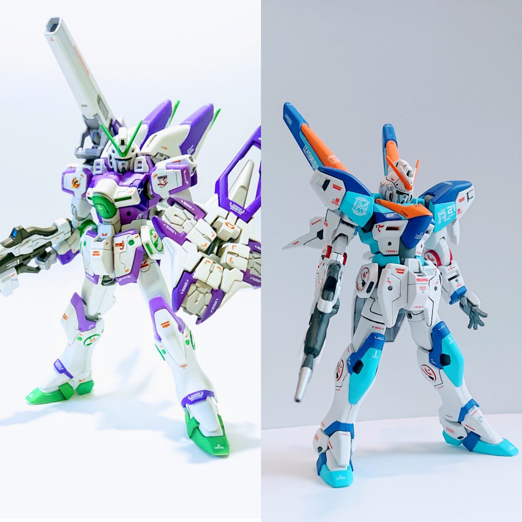 最後に前回作ったセカンドVとの比較。どちらも好みの色に塗れたので満足です。合せ眼消しをおこなってないので特に脛部分が目立ちますね。ただこのあと作成中のアサルトバスターパーツを付ける時に脚部などを一度分解する必要があると判断したんで目をつぶりました。最後までご覧いただきありがとうございました。