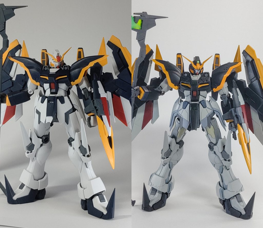 ←素組と改修→比較画像各部スジボリとプラ板ディテアップ頭部の幅増し、ショルダーアーマーの幅詰め、ヒール化、くるぶしのダクトの新設、腰部の2㎜延長等しております。