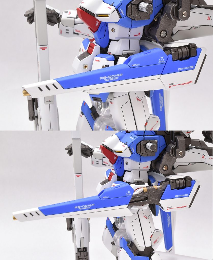 追加装備のヴェスバー。一部形状にアレンジを加えています。バックパックに接続するため、接続パーツをプラ板、ジャンクパーツで制作。