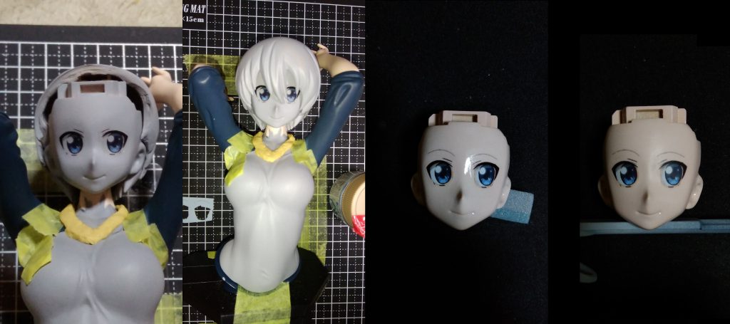 瞳デカールを自作して試し貼り→本番。光沢クリアを重ね掛け→3000番のスポンジヤスリで薄く削って段差消し。最後につや消しトップコート。自作デカールはPCで作成後、コンビニで印刷。詳しくはGoogle検索。（白色は印刷されないので注意）