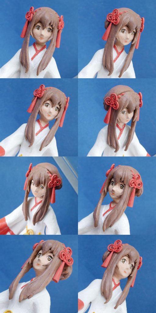 9月13日追記。さらに目を少し書き直しての顔アングル変え画像。初期に比べればだいぶ似てきたと思う。初期に比べれば…。ここからどこを直せば良いのか分からん。参考に画像検索すると、美少女フィギュアってつるつるの顔に目がプリントしてあるだけのも多いのね。ガンプラの投稿サイトに紙粘土工作ばかり載せていると怒られそうだけど、フルスクラッチも認められているらしい。この飾り紐を作る技法とかはメカの配線なんかに応用できそうだし、キャラの顔が作れればGガンの作例の幅も広がるかもしれない。基礎研究の一環ということで。次の次の画像から製作途中だけど、作りかけの人形の顔って怖いので閲覧注意だ！