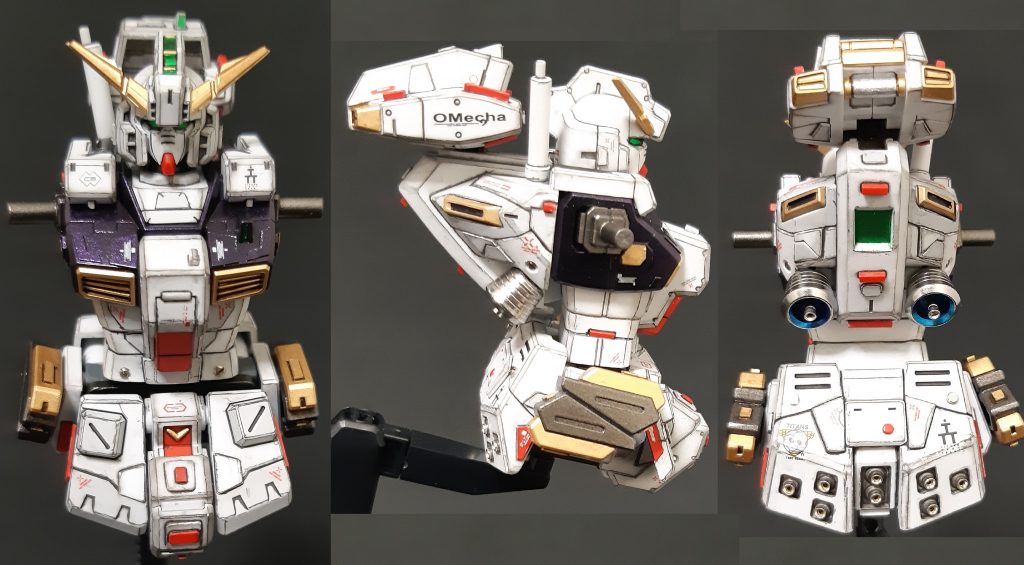 背中のバーニア、スカートのバーニアは全部メタルパーツで他にもマイナスモールドをちょこちょことメタルパーツ化胴延長は腹の3段に見える真ん中が延長部分です