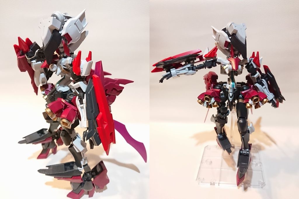 前面から。スカートと脚は特に気合をいれて作成しました。女性らしくスレンダーかつ綺麗なシルエットになるよう、試行錯誤。スカート前部には計8つのスラスターを搭載し、機動性も十分。