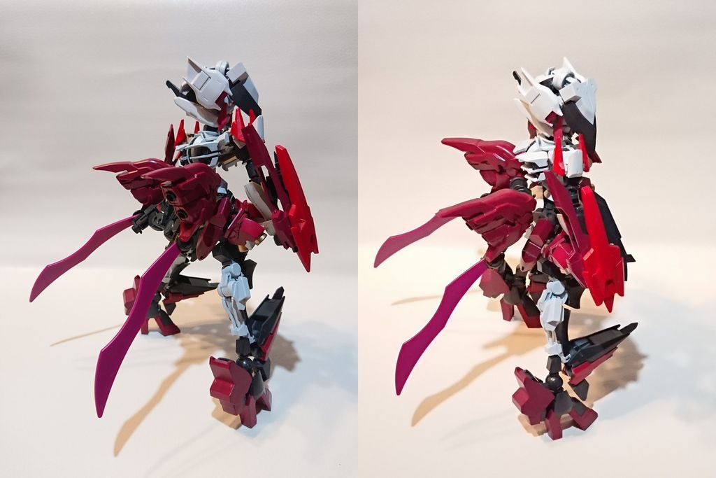 後部。シナンジュのスラスターとラヴファントムの鎌?パーツをあわせてリボン🎀っぽくしてみました。『アイドル』って感じ。スラスターは上下左右、フレキシブルに可動。近接格闘に適した、小回りの利く動きを可能としています。テールリボンはブレードとしても使用可能で、機体の動きに合わせてリボンのようにひらひらゆらゆらと動き、牽制や攻撃に使えます。