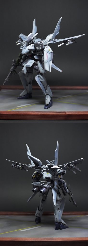 MS形態便宜上MSと書いていますが特定の世界観を想定して制作していません。(意図的にガンダムっぽくないデザインを目指しました)戦闘機形態のプロポーションは勿論ですが、MS形態もかなりいい感じに纏まったんじゃないかなと思っています。SEED系バックパックのような6方向に広がるスタイルがお気に入りです。