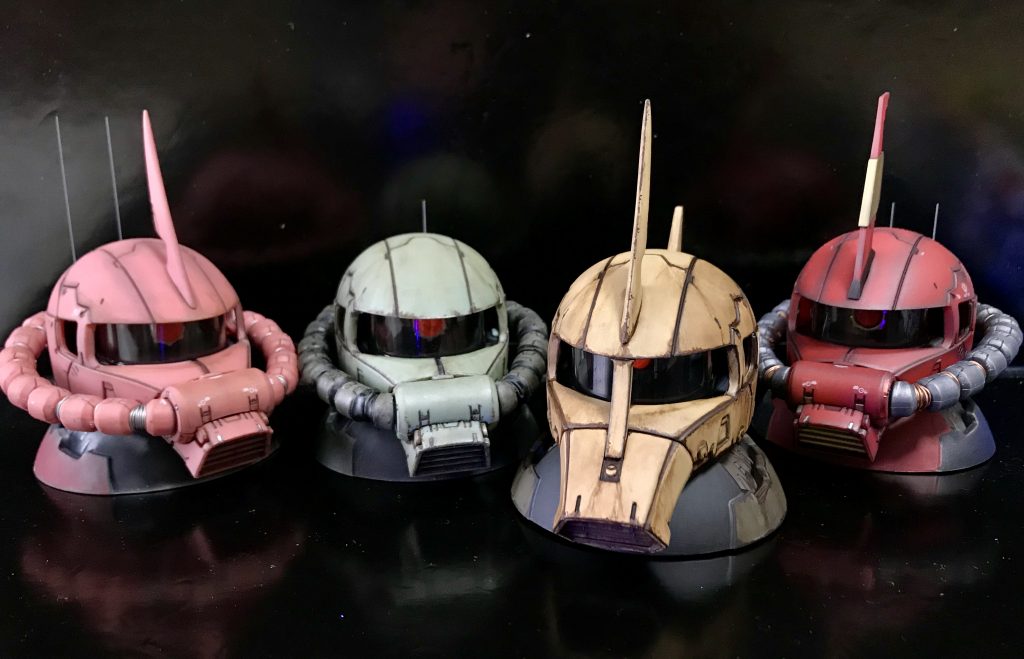 これにて手持ちのザクヘッド全てができました。それぞれに少しずつ工夫を入れて楽しく遊べました。