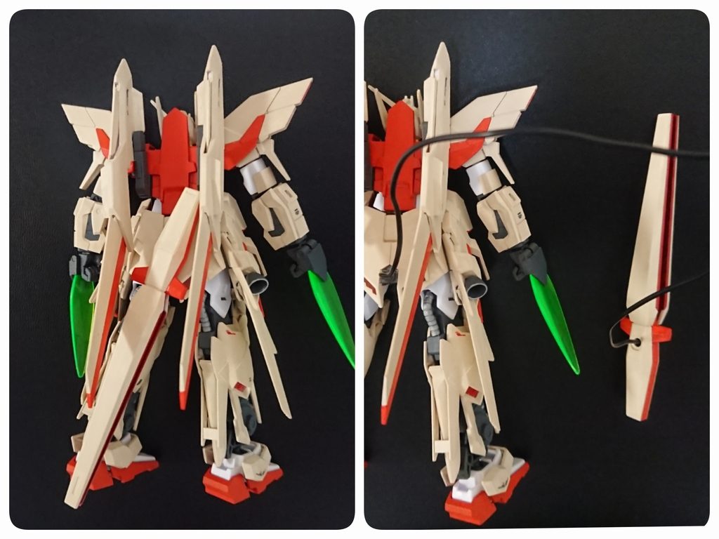 サイコ尻尾。ファンネルの取り付け基部をお尻に着けただけ。リード線は差し替えです。射撃は苦手な設定なので、直感で尻尾ビームを放ちつつ、手のブレードで斬りかかります。