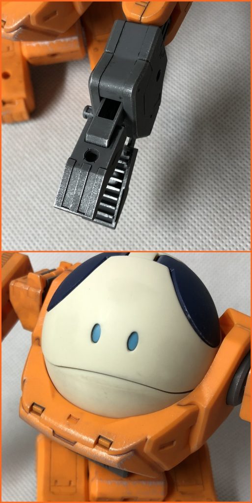部分塗装が終わったらウェザリング。セリアのスマッジブラシを使いドライブラシの要領でシルバーをササッとウェザリング。重機ユニット部分は派手目に。ハロ部分は控えめに。