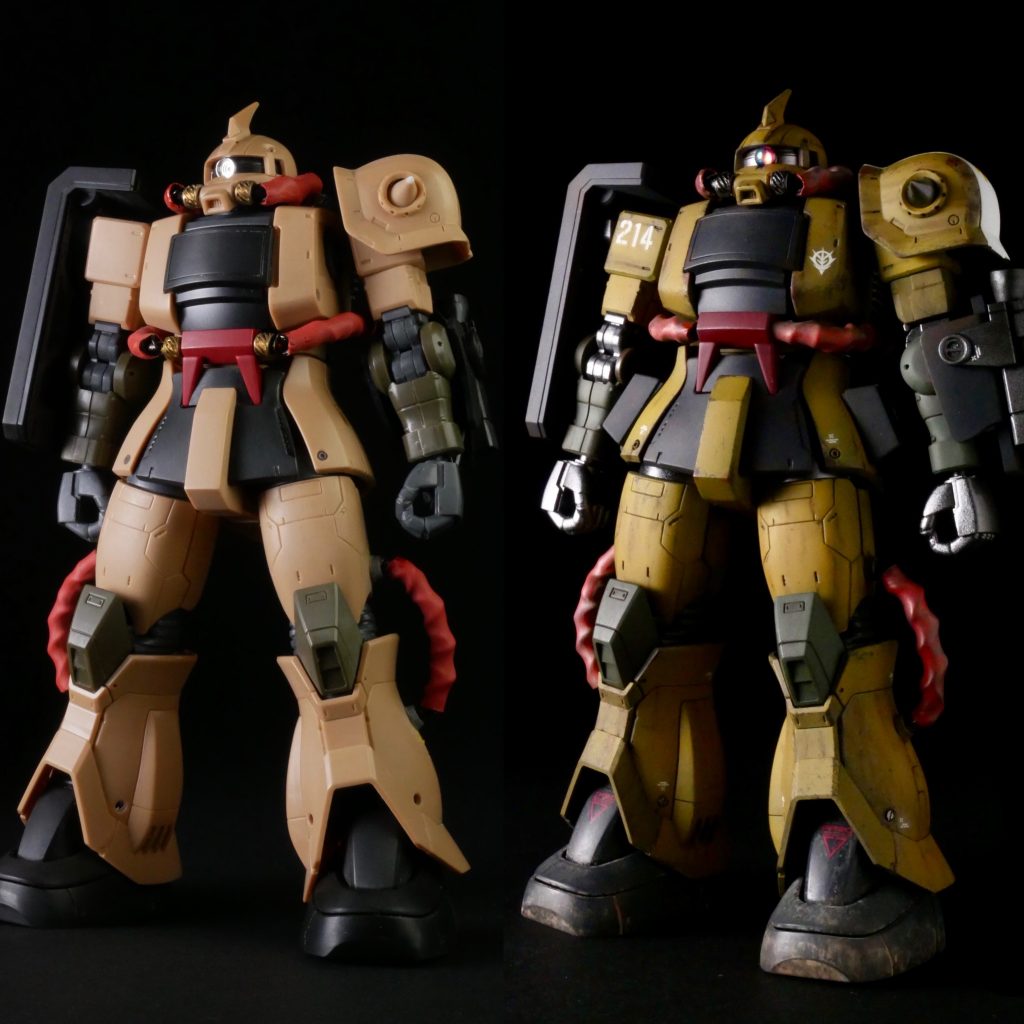 最後に塗装前との比較です。好みでタン系の成型色からダークイエローに変更しています。分かりづらいですが、黒とダークグリーンの部品にも塗装剥しやってます。もっと激しく表現してもよかったかも??関節部分はフレームメタリックを塗装後にあえて艶ありのクリアーでぎらつかせています。くみ上げ後に違和感があったら半艶に変えようかと思いましたが、いいコントラストになっているのではないかと思います。最後までご覧いただきありがとうございました!塗装剥しはお手軽とは言い難い手法でしたが、とにかく作業が楽しいのでおススメですので是非!