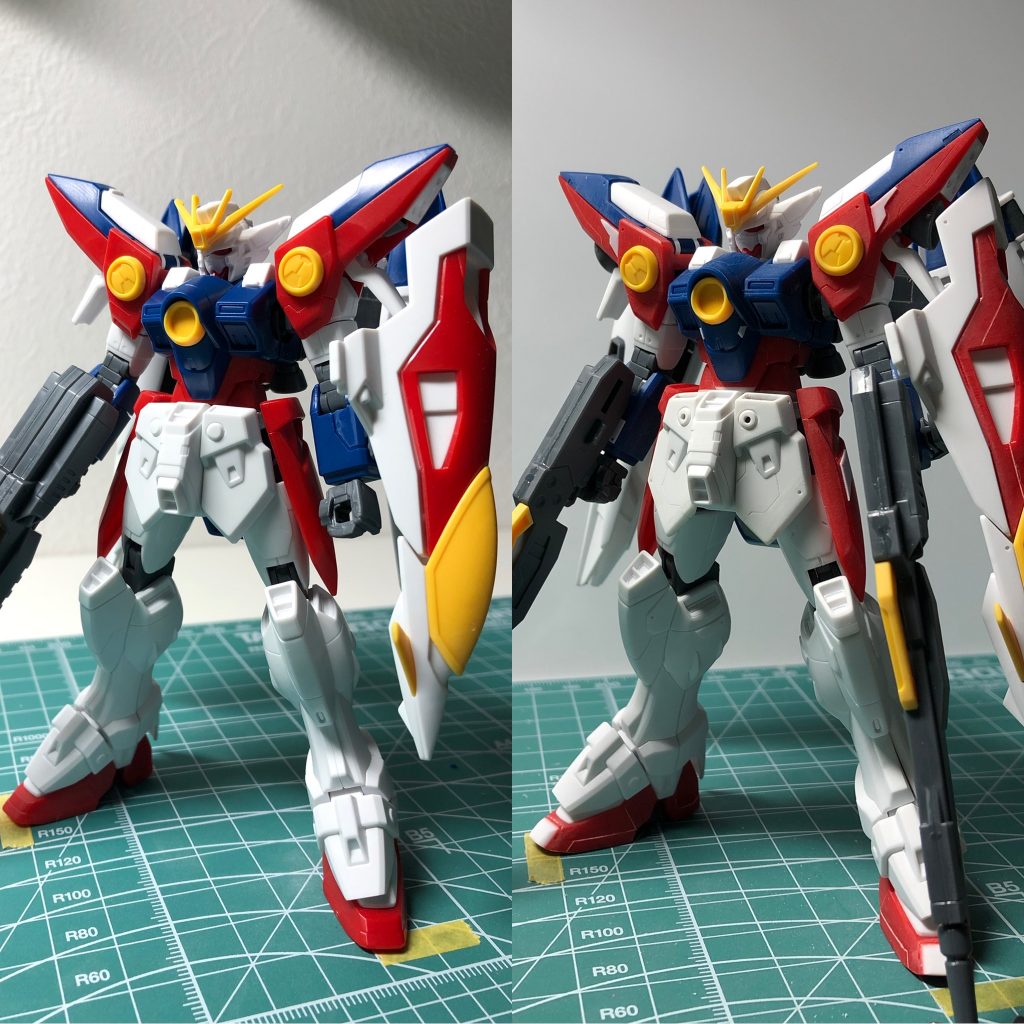 塗装前ビフォーアフター。胴体・前後スカート・爪先を1ミリ延長。脚を2ミリ延長。腕の位置を2ミリ下げています。