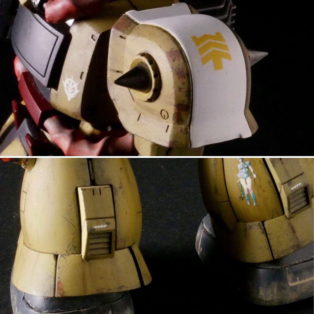 スパイクアーマーや足回りなど擦れそうな部分を重点的に剥しました。実はスパイクアーマーに関しては白の塗分けの際のマスキングテープに追従して大きく剥がれてしまったのですが、結果オーライでいいアクセントになったと思います。塗装はがし後は全体的にウェザリングカラーのグランドブラウンでさび垂れを表現しています。また、足首のみウェザリングペーストを塗りたくって泥汚れっぽくしています。