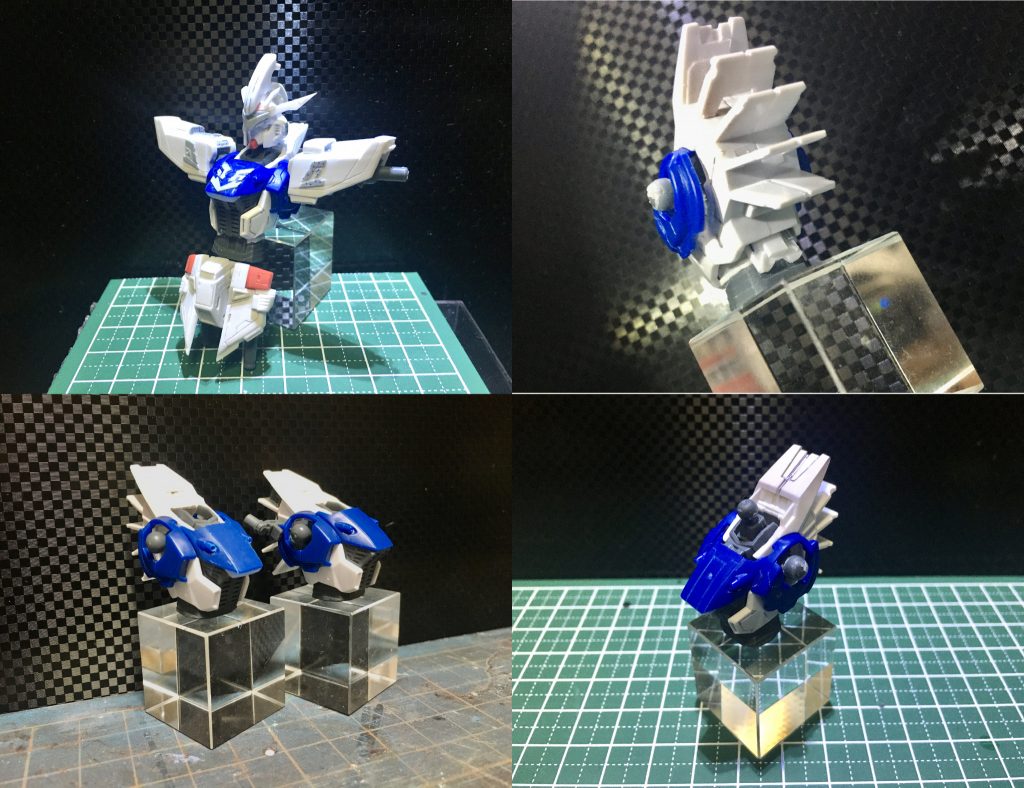 <本体改造部分>各所にディテールを追加頭部のV字アンテナはF91のビームライフルを加工してありありますF91のエンブレム部分はプラ板でカットしてオリジナルのものとしています胴体も延長してあり、胸部分の装甲を前に出してシャープにしています。左下の写真で手前が加工してあるものです