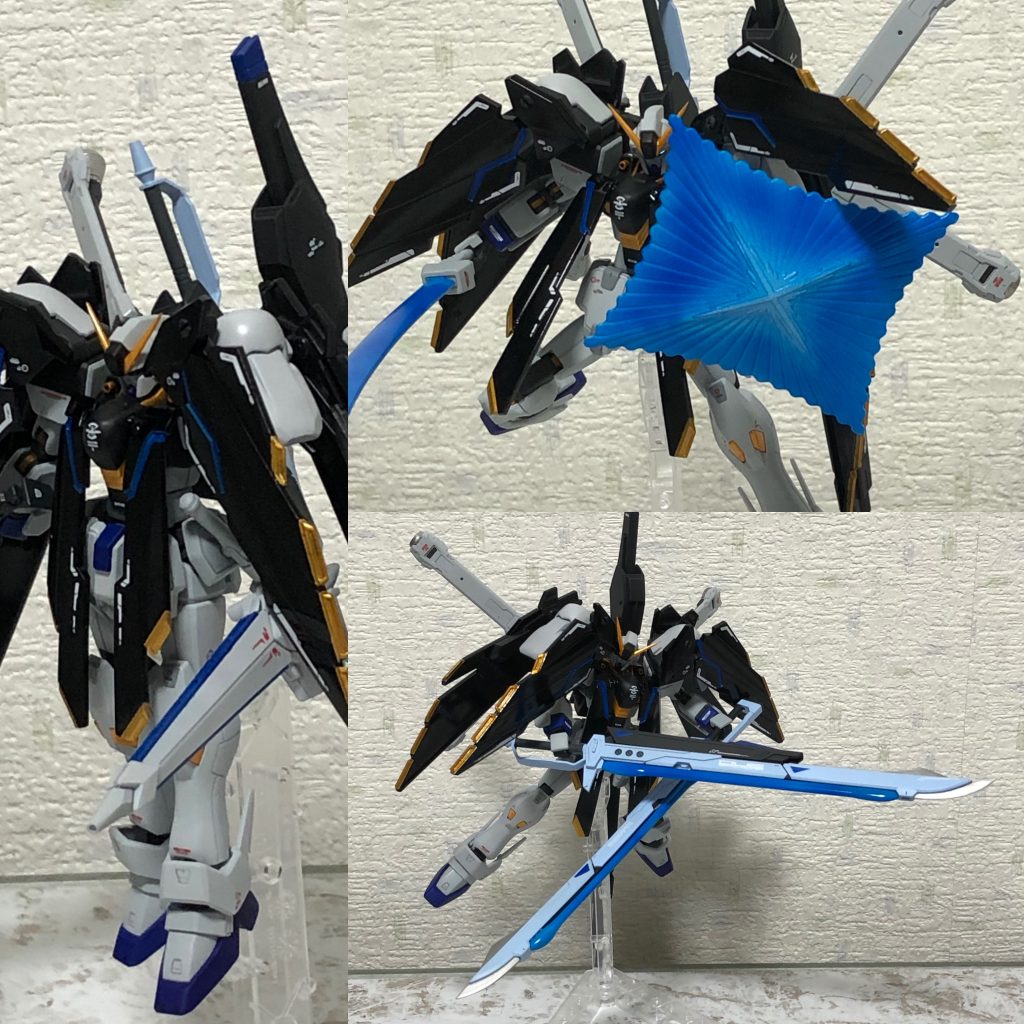 今回はGBNでの自分専用機として作ったので普段はやらない別の時代のマークなどを使ってみました!そして少し設定も考えました型式番号:MX-X142装甲:VPS装甲システム:フェイスオープン(最大稼働状態のみ)オプション:フルクロスユニット:Iフィールド        頭部バルカン砲・ビームサーベル/ビームガン      ビーム・シールド/ブランド・マーカ                    ヒート・ダガー:ビーム・ザンバー                        ピーコック・スマッシャー:ムラマサ・ブラスター       アロンダイトII/ビーム砲                                        高エネルギー長射程ビーム砲塔:(アロンダイト改)