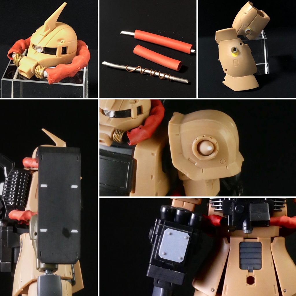 特にこだわった動力パイプの表現。色々試して銅線巻いたアルミ線に熱収縮チューブを被せるという手段に落ち着きました。パイプの基部には適当にディテールパーツを組み合わせています。スパイクアーマーはスパイクが埋まって見えるように一度切り離して裏側から塗装後に接着しました。好みで天面のスパイクはオミットしています。他にはシールドの穴埋めや薄プラ板による追加装甲などでしょうか。あとは他キットから色々武器を流用しました。サムネの対艦砲はオリジンシャアザクから貰い受けています。色々武器持たせた写真をどうぞ。