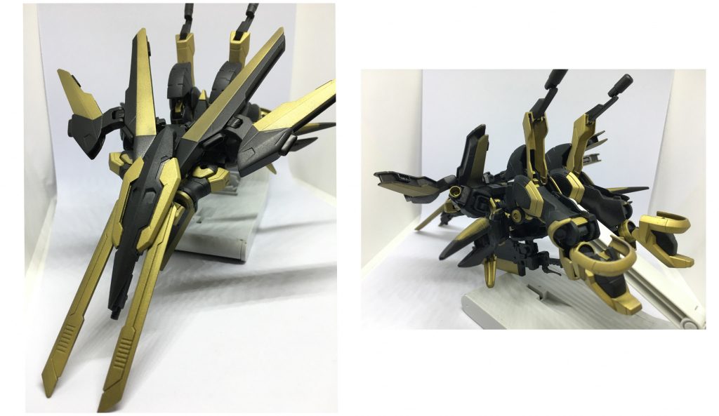 そして変形。腰を180°回転させ、足をキマリストルーパーのホバーモードに展開し、シールドをバックパックに開けた3mm穴にシールド裏に仕込んだ軸を挿し合体、バンザイ態勢で肩スラスターを180°回転、両手はシールド裏に仕込んだ回転グリップを握らせてます。ガンブレードは元々あったアスタロト腰部の3mm穴に接続。